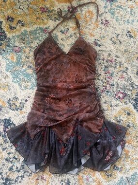 Floral Halter Ruffled Mini Dress in Brown and Black